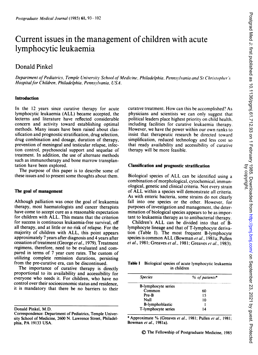 Current Issues in the Management of Children with Acute Lymphocytic