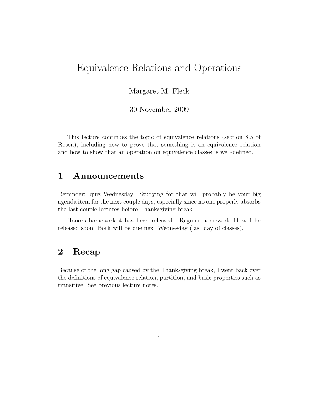 Equivalence Relations and Operations