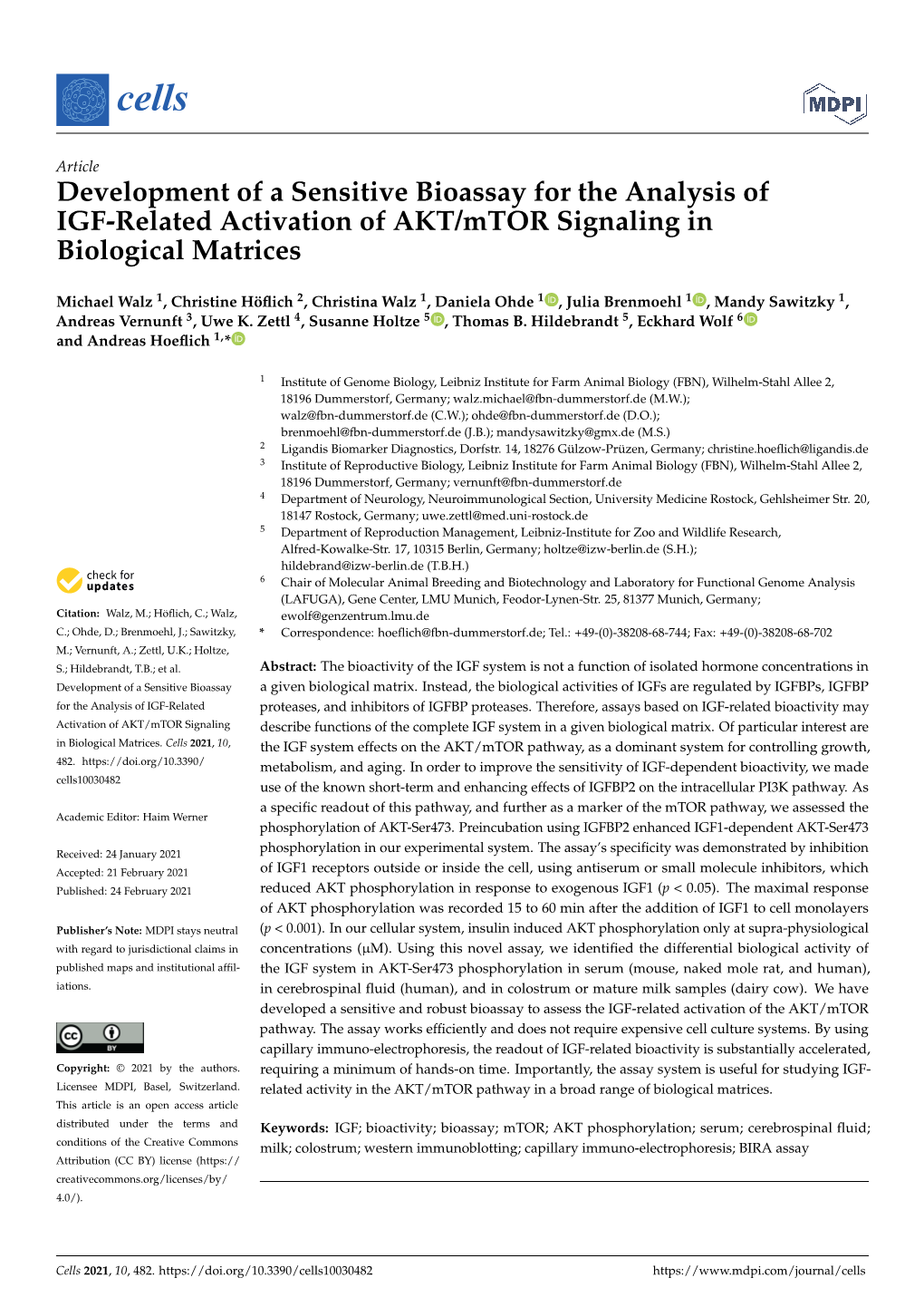 Development of a Sensitive Bioassay for the Analysis of IGF-Related Activation of AKT/Mtor Signaling in Biological Matrices