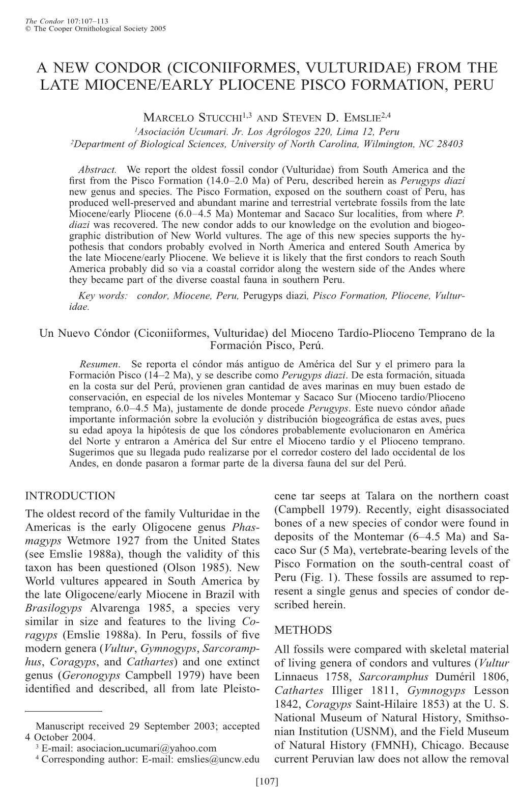 A New Condor (Ciconiiformes, Vulturidae) from the Late Miocene/Early Pliocene Pisco Formation, Peru