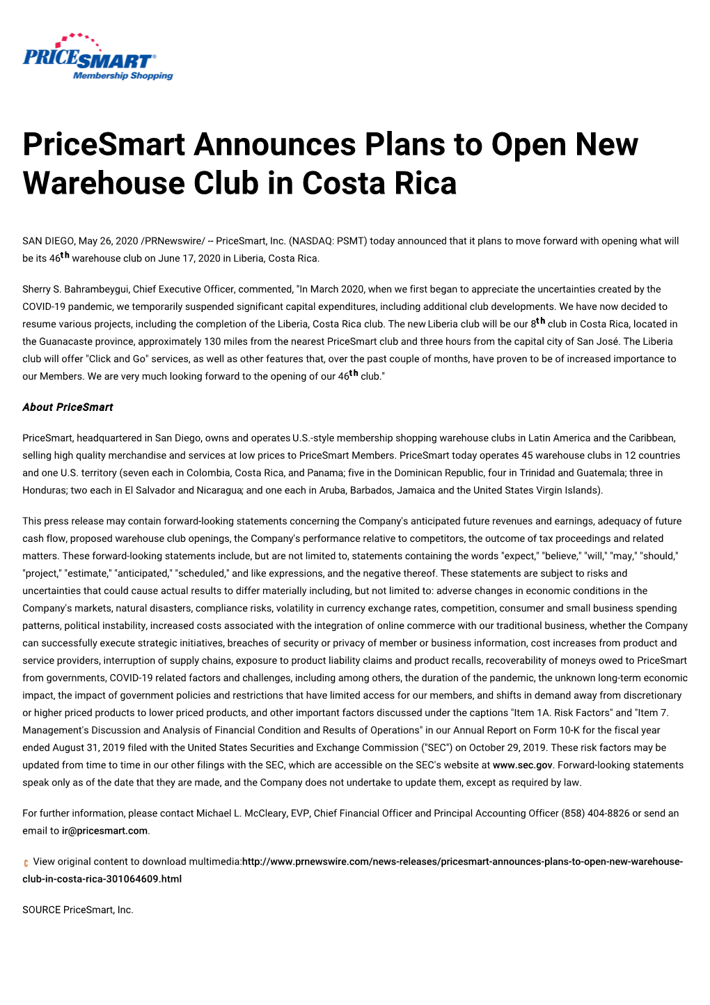 Pricesmart Announces Plans to Open New Warehouse Club in Costa Rica