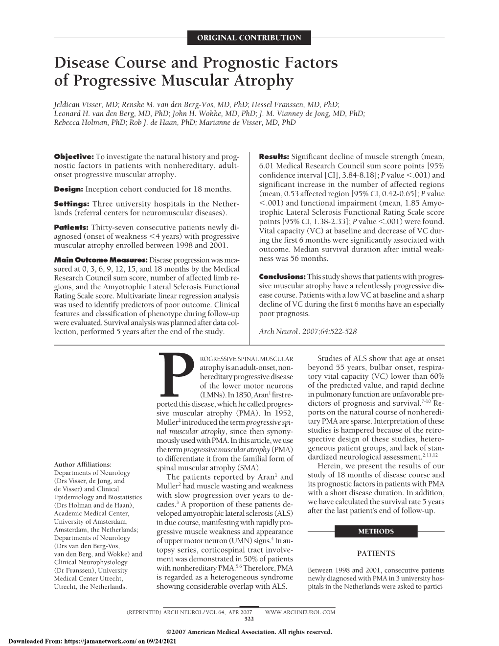 Disease Course and Prognostic Factors of Progressive Muscular Atrophy