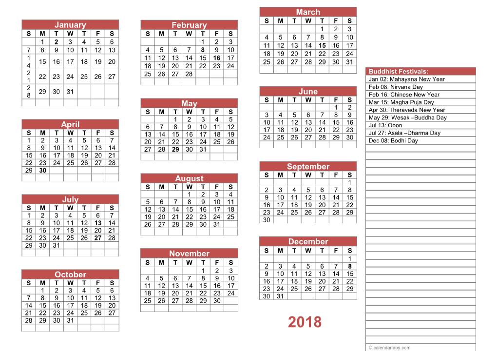 2018 Buddhist Calendar - Calendarlabs.Com