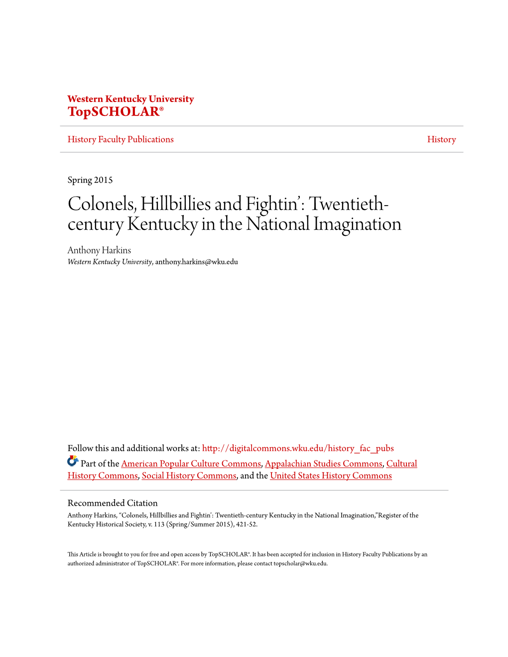 Colonels, Hillbillies and Fightin': Twentieth-Century Kentucky in The