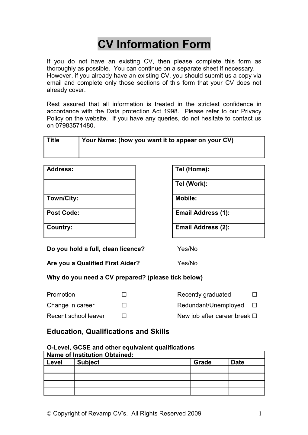 CV Information Form