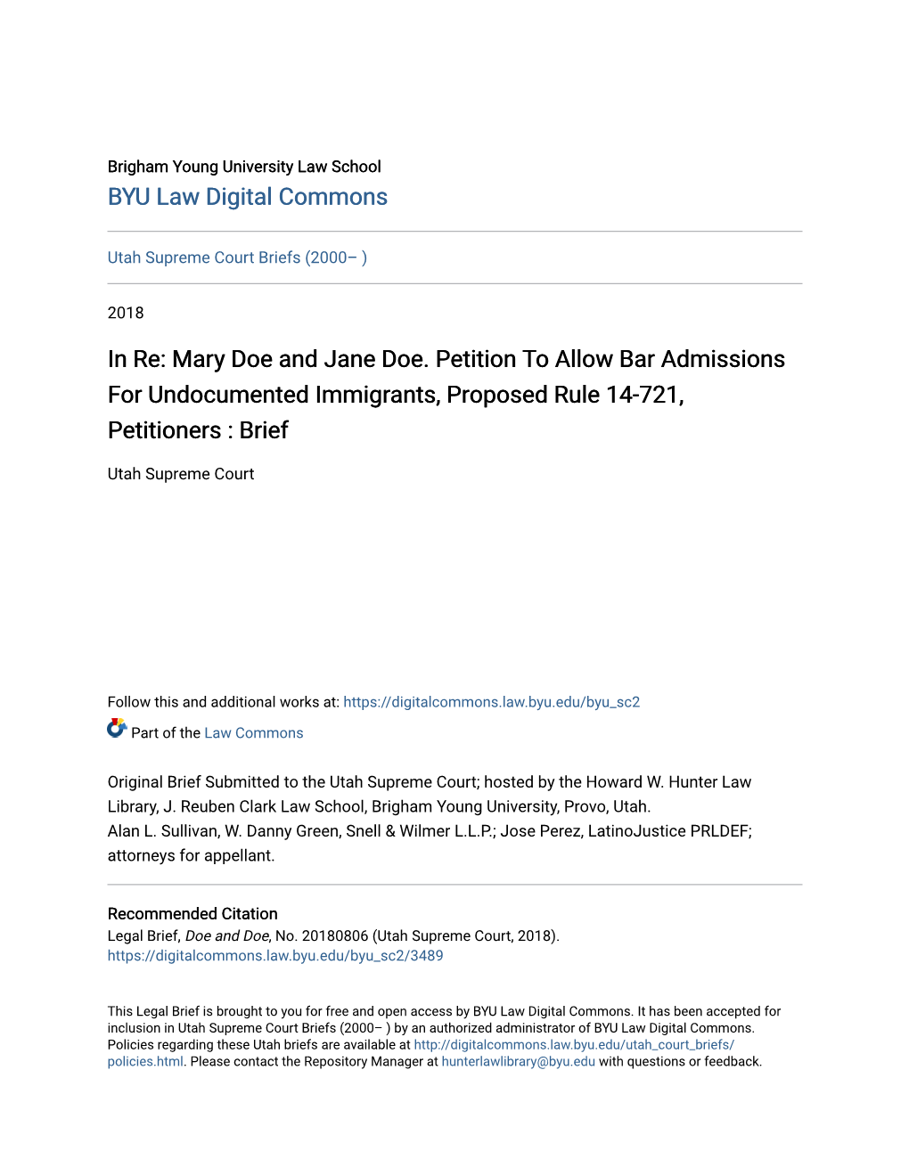 In Re: Mary Doe and Jane Doe. Petition to Allow Bar Admissions for Undocumented Immigrants, Proposed Rule 14-721, Petitioners : Brief