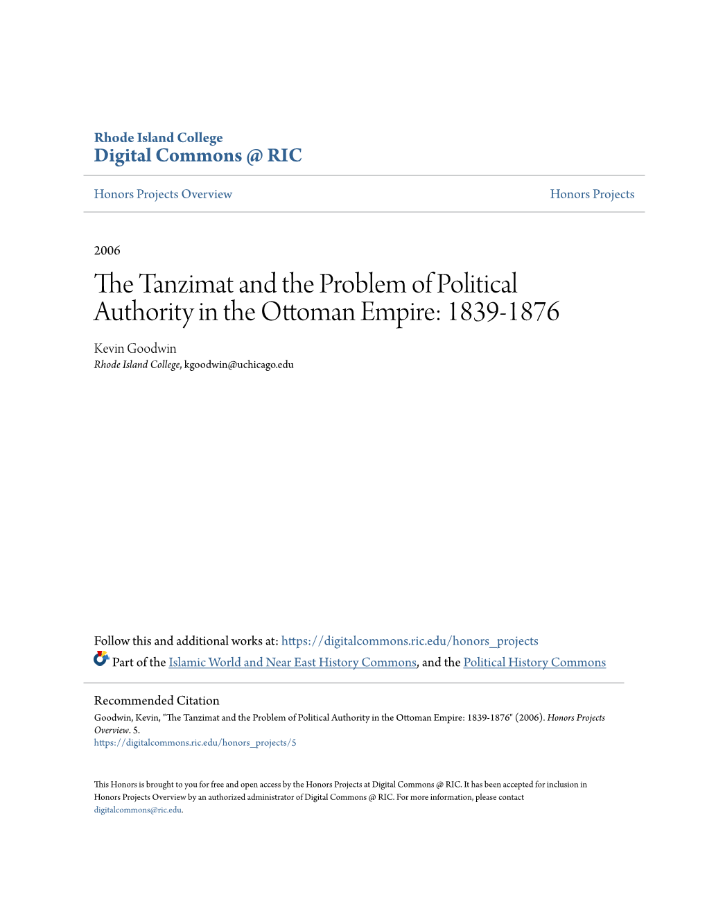 The Tanzimat and the Problem of Political Authority in the Ottoman Empire