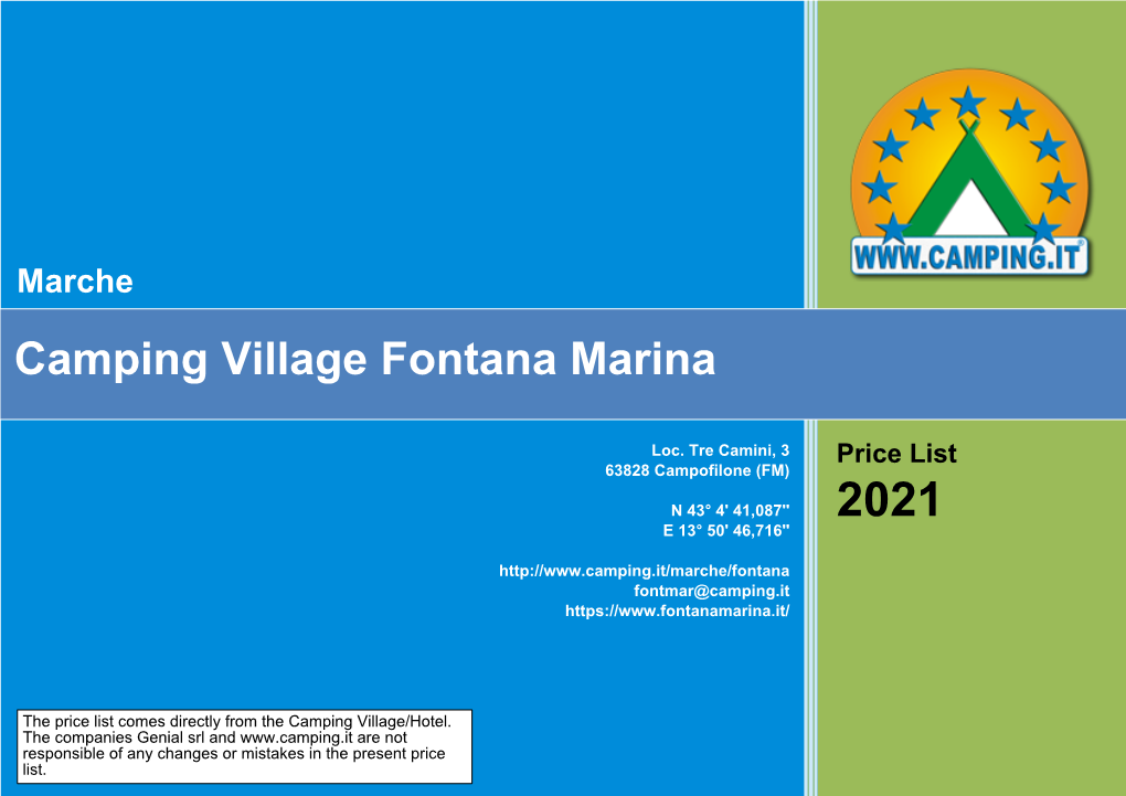 Camping Village Fontana Marina Price List