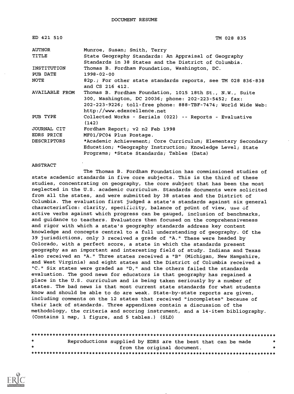 State Geography Standards: an Appraisal of Geography Standards in 38 States and the District of Columbia