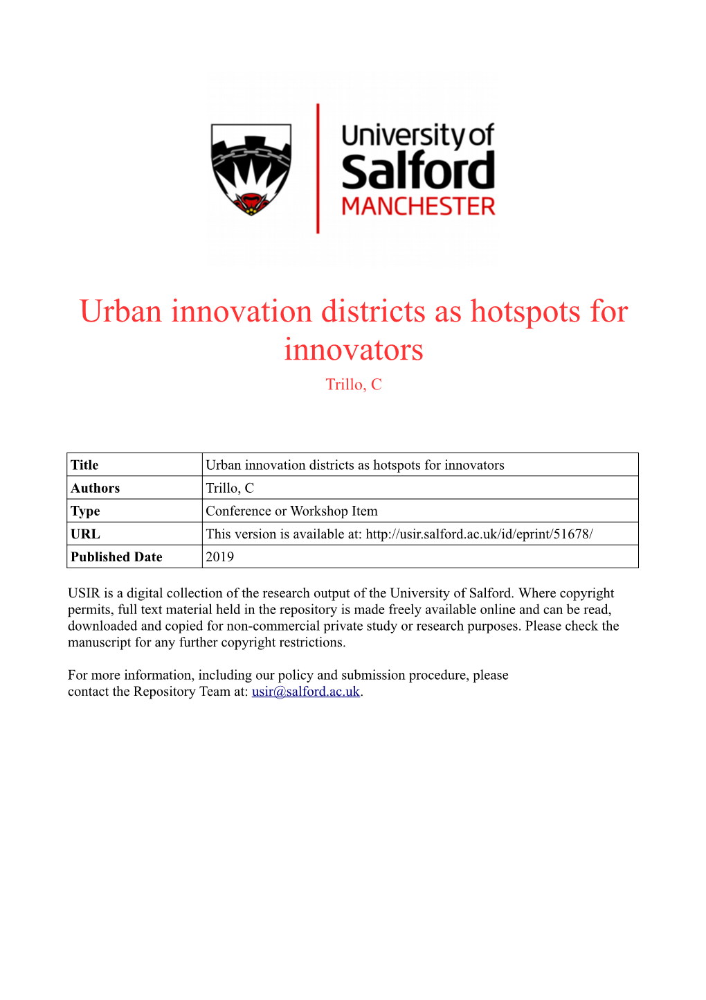 Urban Innovation Districts As Hotspots for Innovators Trillo, C