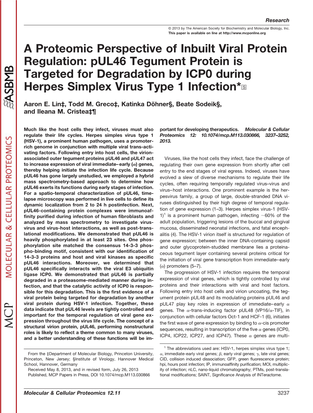 Pul46 Tegument Protein Is Targeted for Degradation by ICP0 During Herpes Simplex Virus Type 1 Infection*□S
