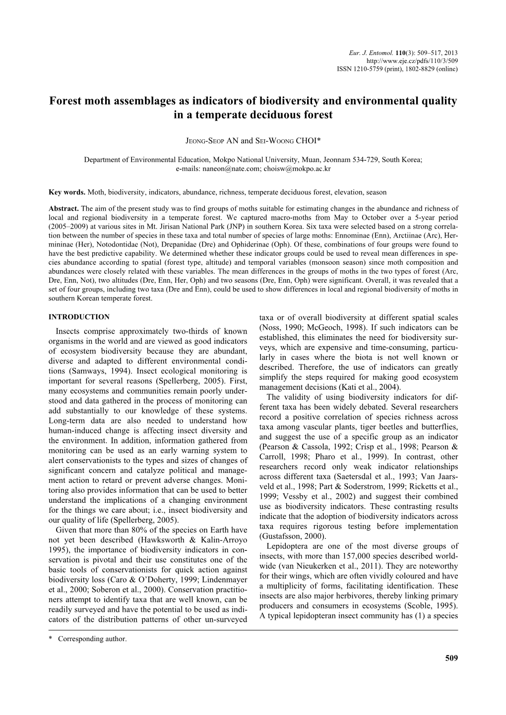 Forest Moth Assemblages As Indicators of Biodiversity and Environmental Quality in a Temperate Deciduous Forest