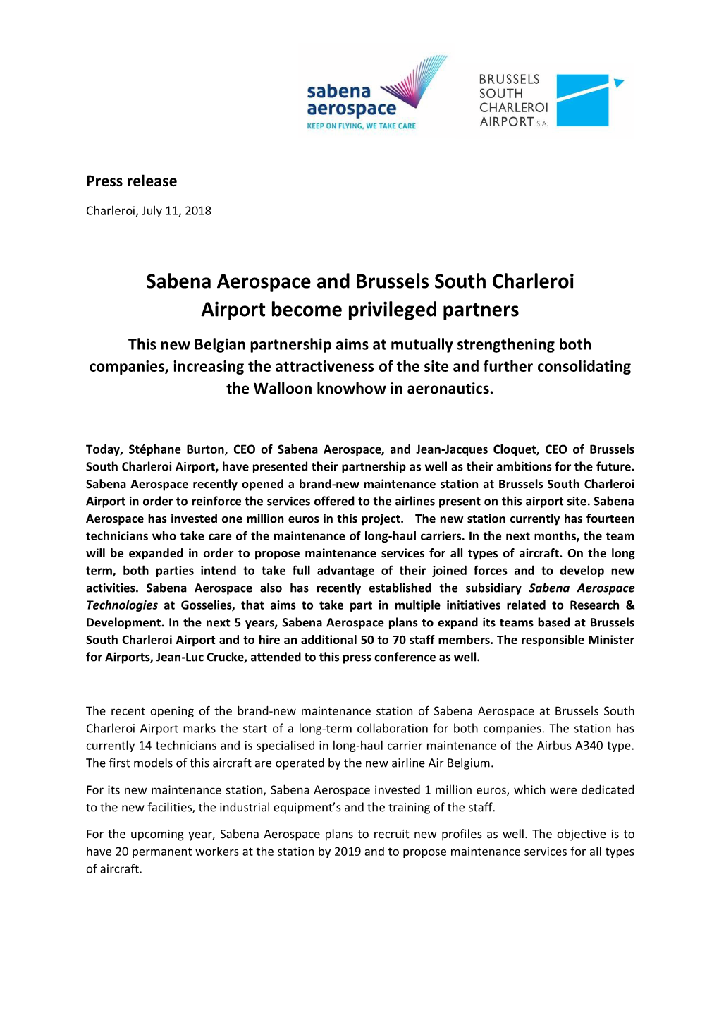 Sabena Aerospace and Brussels South Charleroi Airport Become