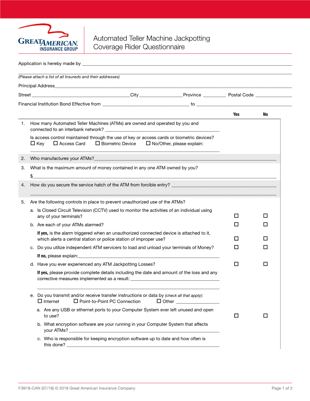 Automated Teller Machine Jackpotting Coverage Rider Questionnaire