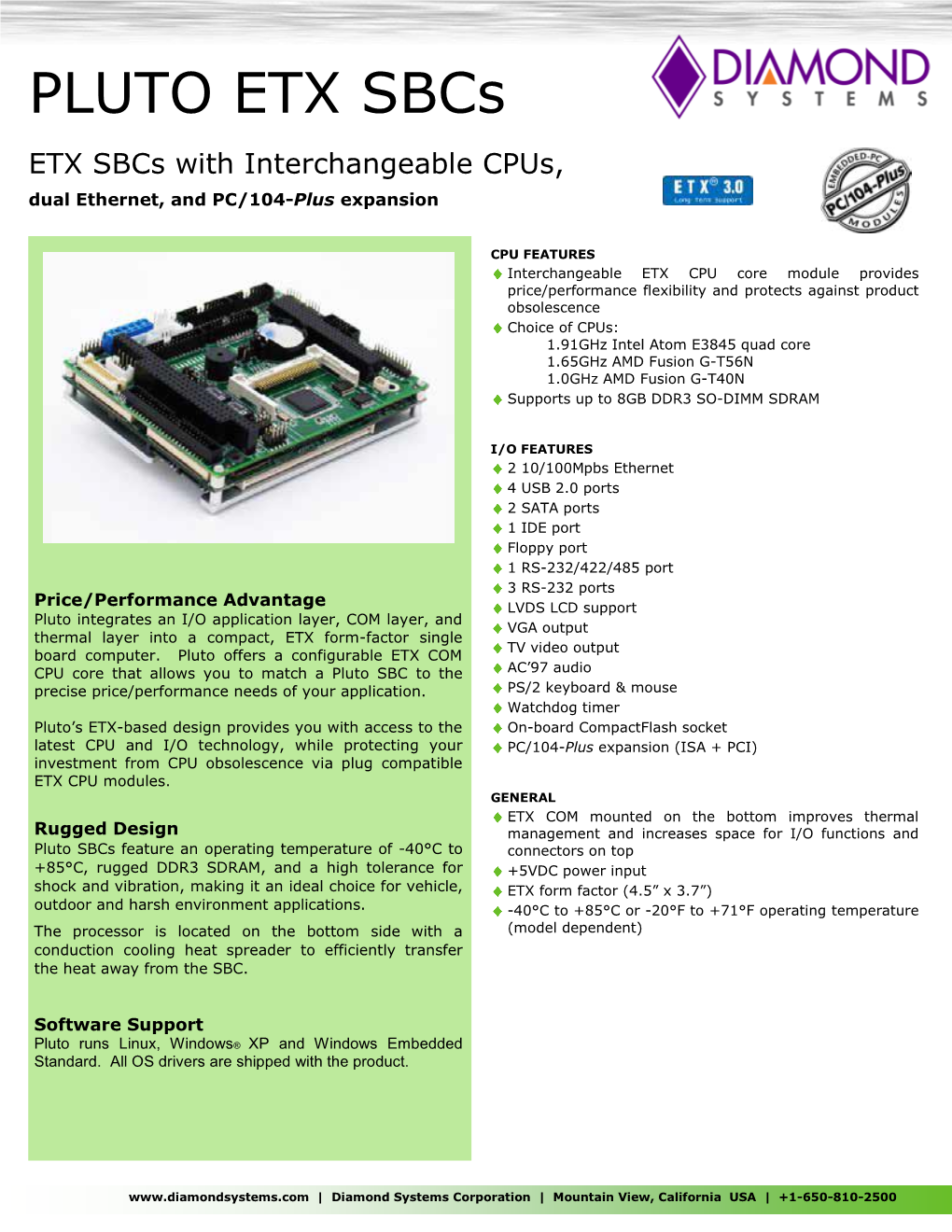 PLUTO ETX Sbcs ETX Sbcs with Interchangeable Cpus, Dual Ethernet, and PC/104-Plus Expansion
