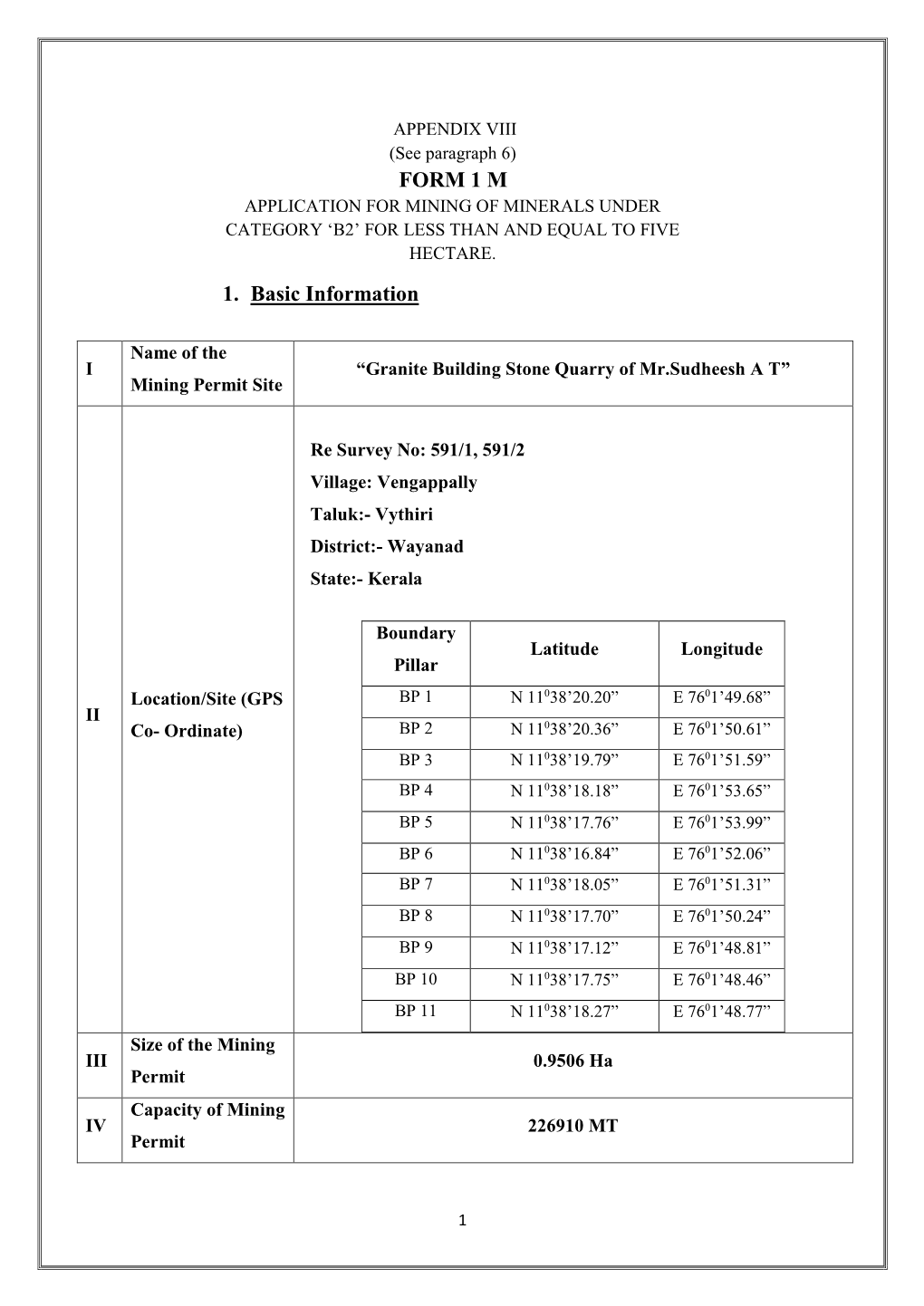 FORM 1 M 1. Basic Information