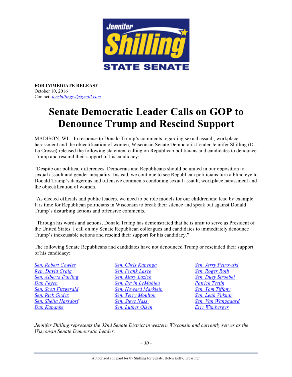 Senate Democratic Leader Calls on GOP to Denounce Trump and Rescind Support