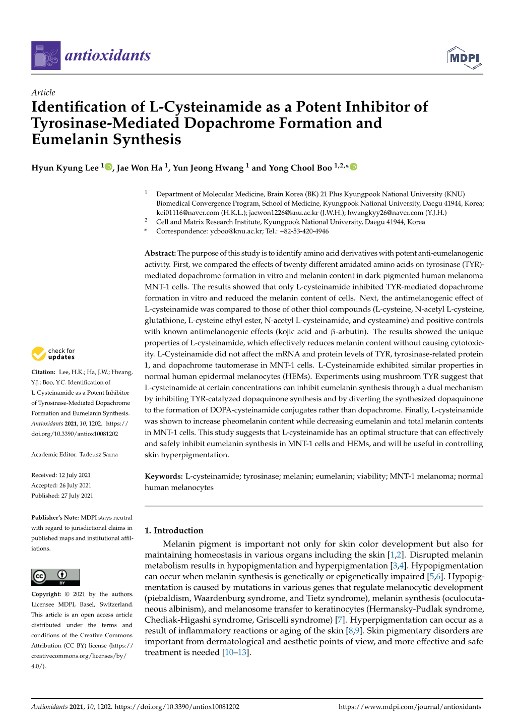 Identification of L-Cysteinamide As a Potent Inhibitor of Tyrosinase