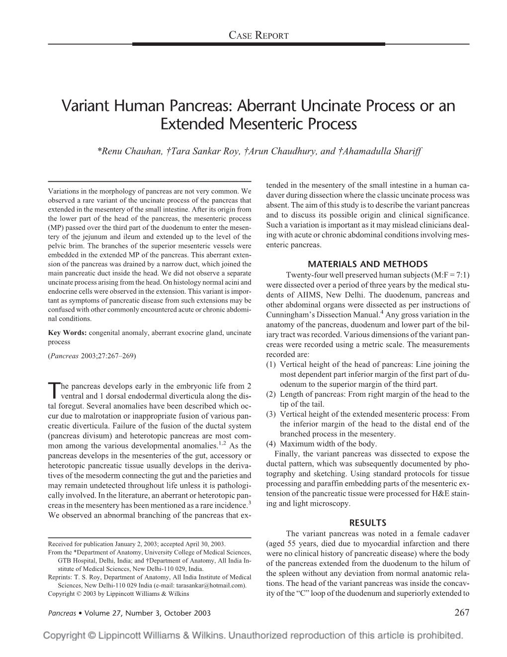 Variant Human Pancreas: Aberrant Uncinate Process Or an Extended Mesenteric Process