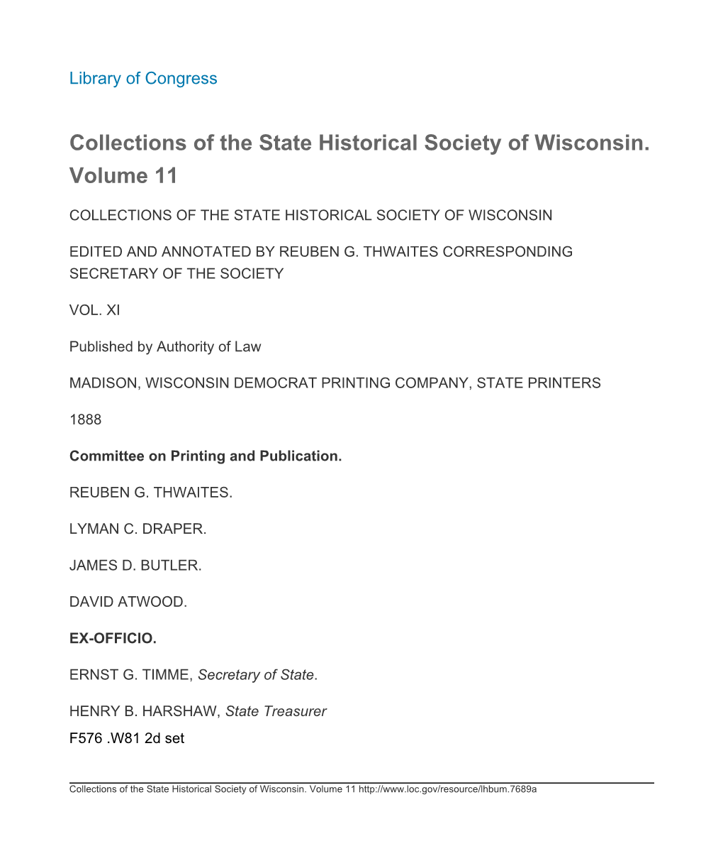 Collections of the State Historical Society of Wisconsin. Volume 11: A