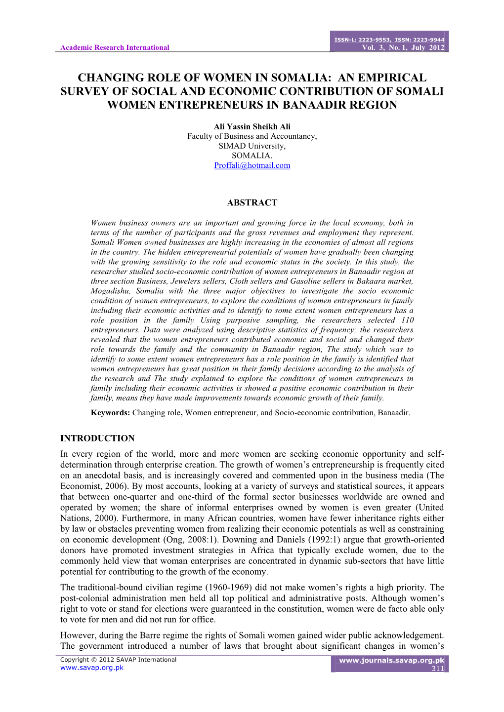 Changing Role of Women in Somalia: an Empirical Survey of Social and Economic Contribution of Somali Women Entrepreneurs in Banaadir Region