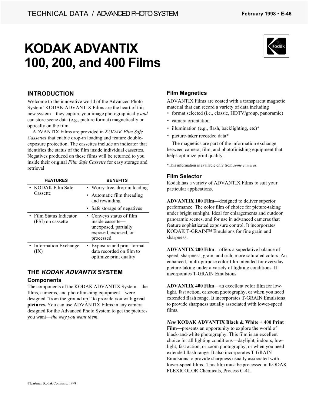 KODAK ADVANTIX 100, 200, and 400 Films