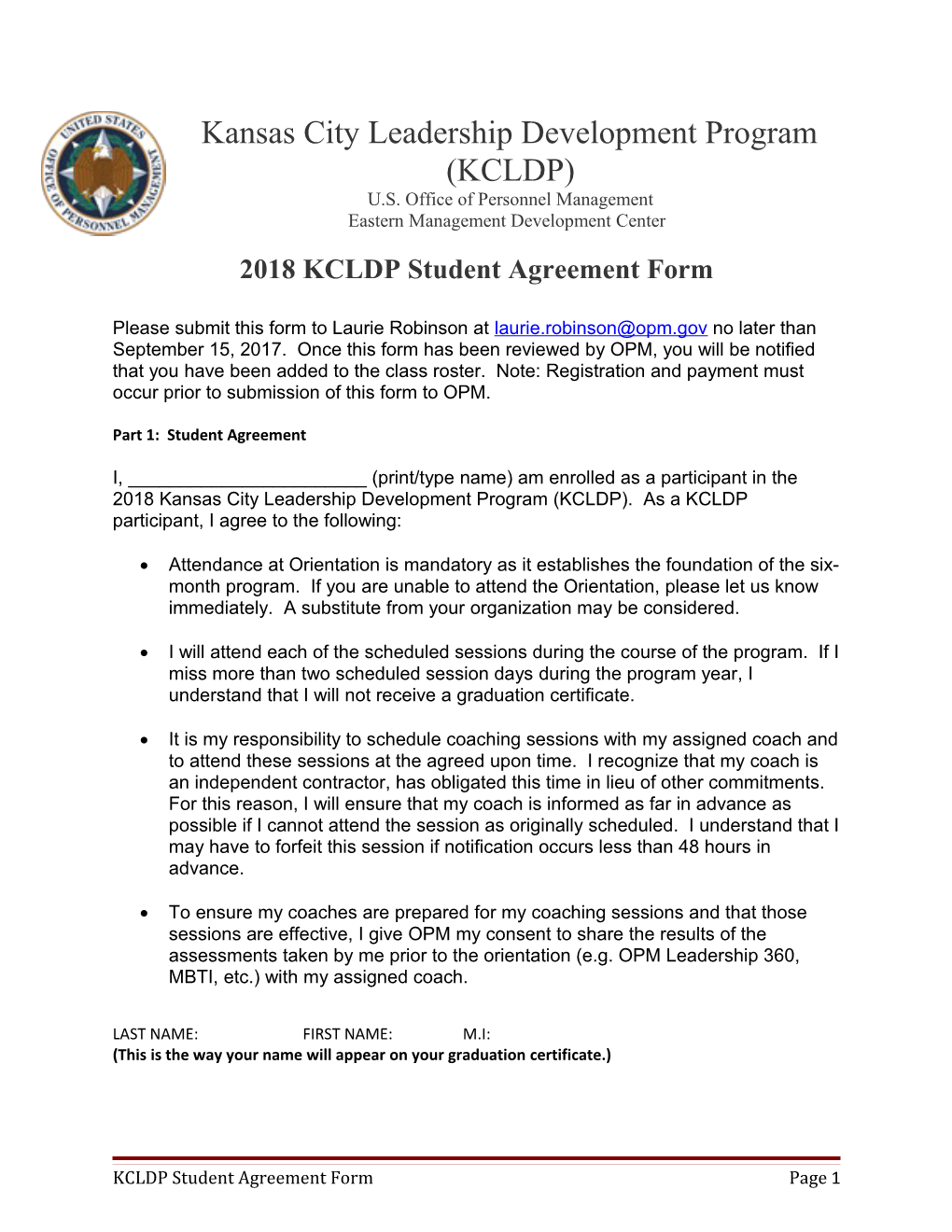 2018 KCLDP Student Agreement Form