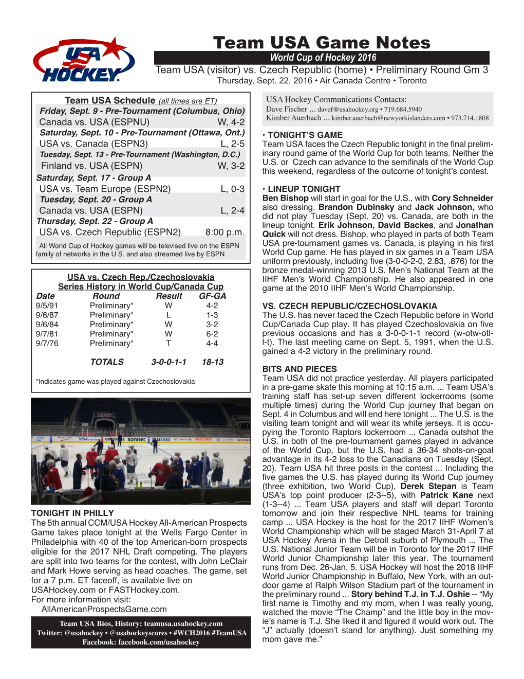 Game Notes Vs. Czech Republic • Thursday, Sept