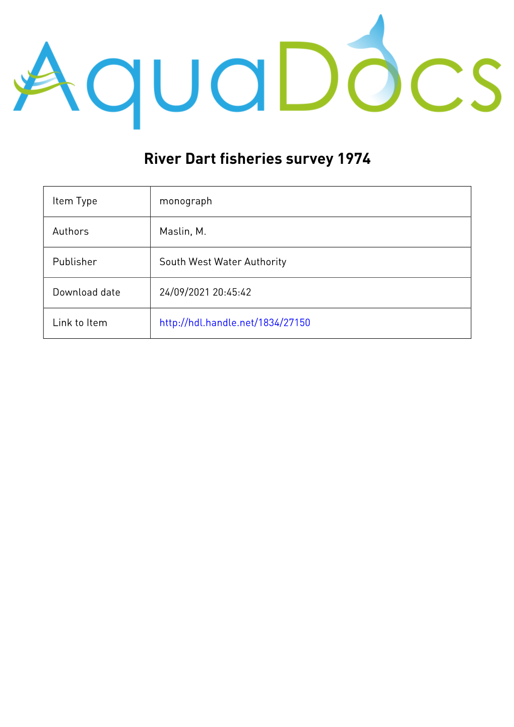 South West Water Authority Dart Fisheries Survey