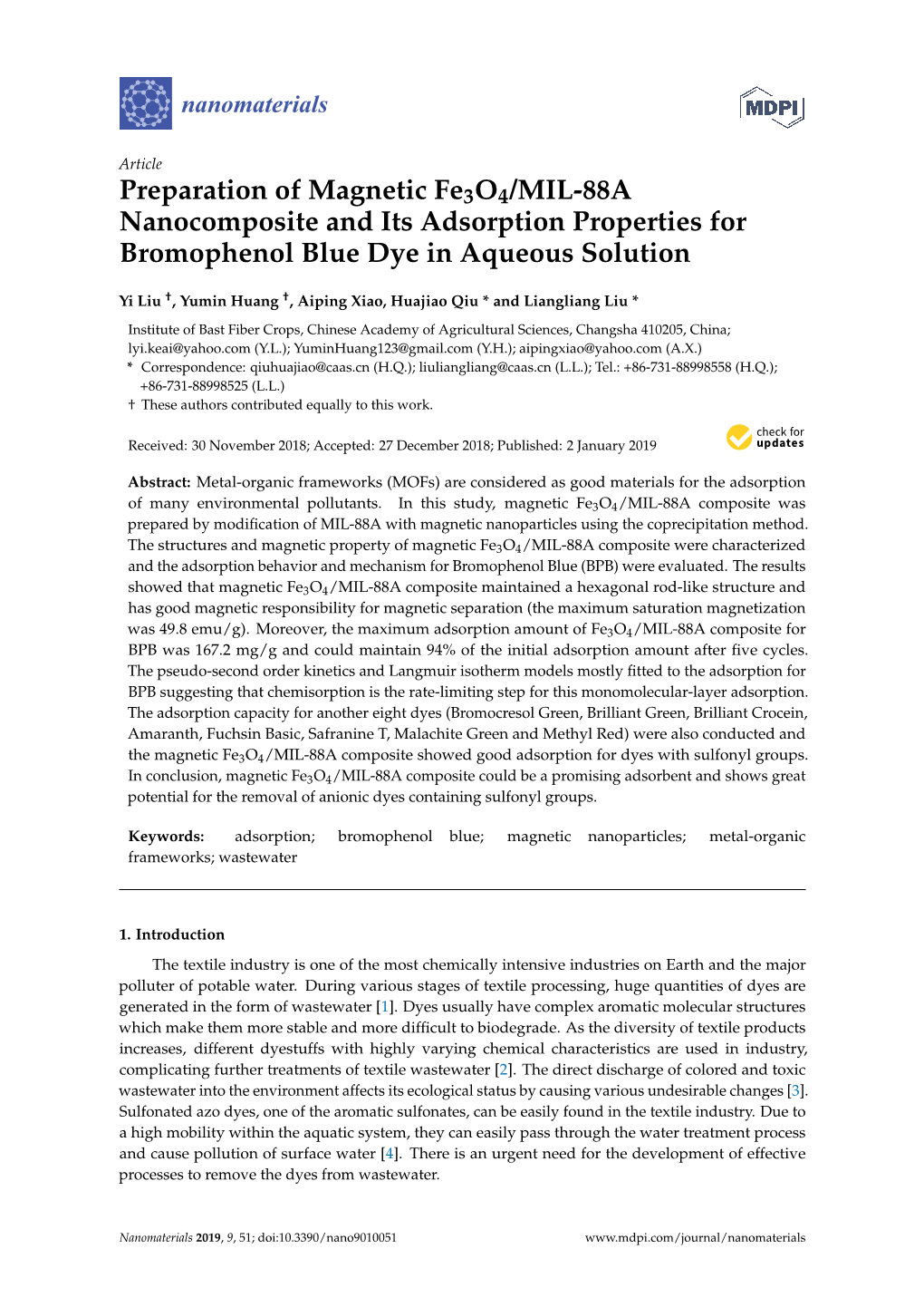 Preparation of Magnetic Fe3o4/MIL-88A Nanocomposite and Its Adsorption Properties for Bromophenol Blue Dye in Aqueous Solution