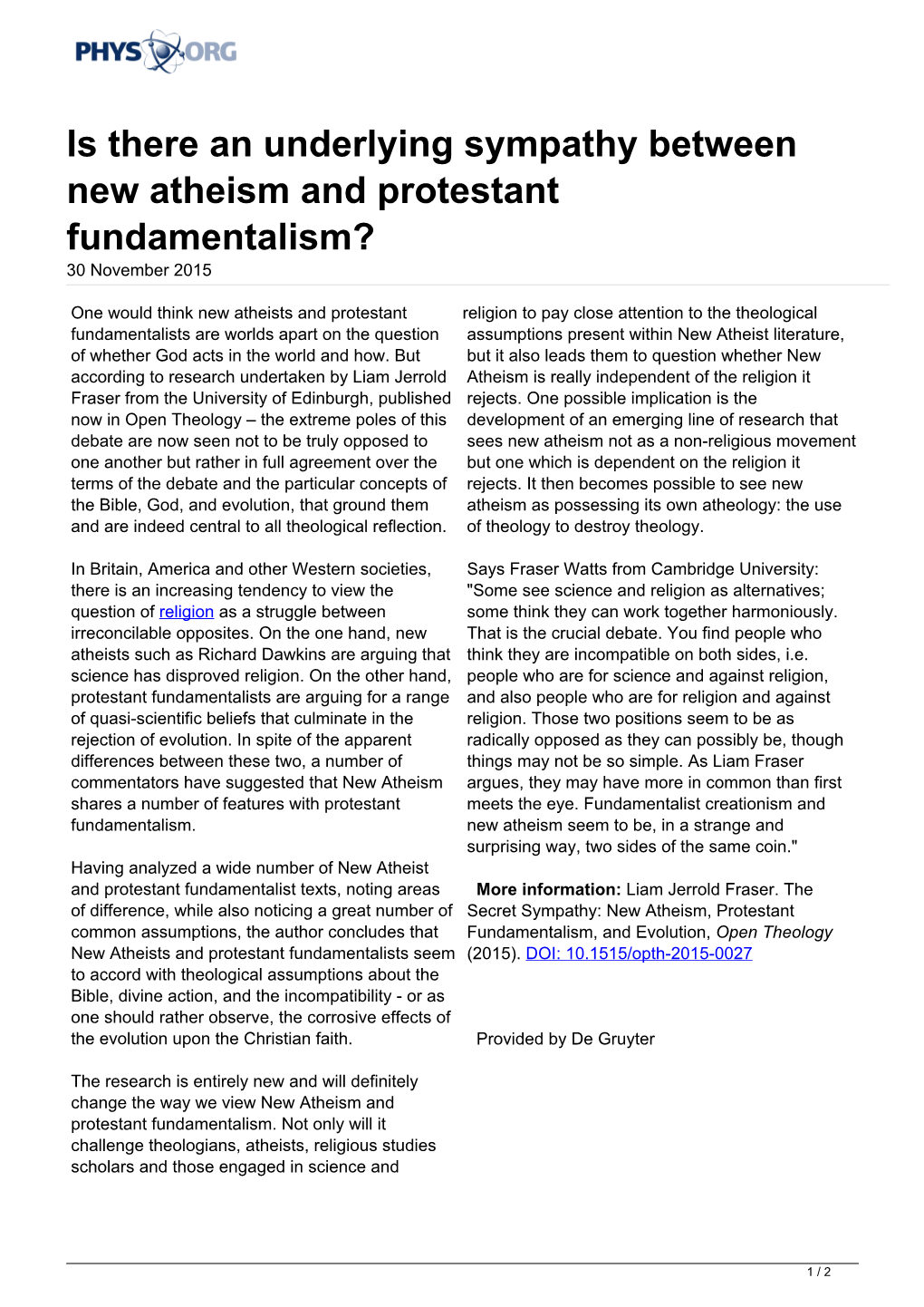 Is There an Underlying Sympathy Between New Atheism and Protestant Fundamentalism? 30 November 2015