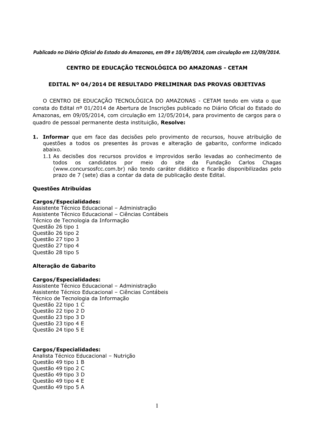 Publicado No Diário Oficial Do Estado Do Amazonas, Em 09 E 10/09/2014, Com Circulação Em 12/09/2014