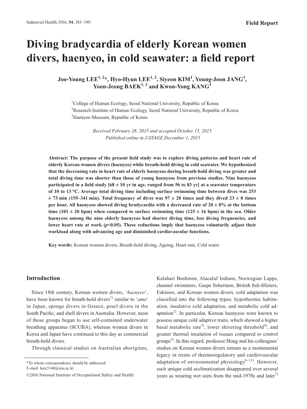 Diving Bradycardia of Elderly Korean Women Divers, Haenyeo, in Cold Seawater: a Field Report