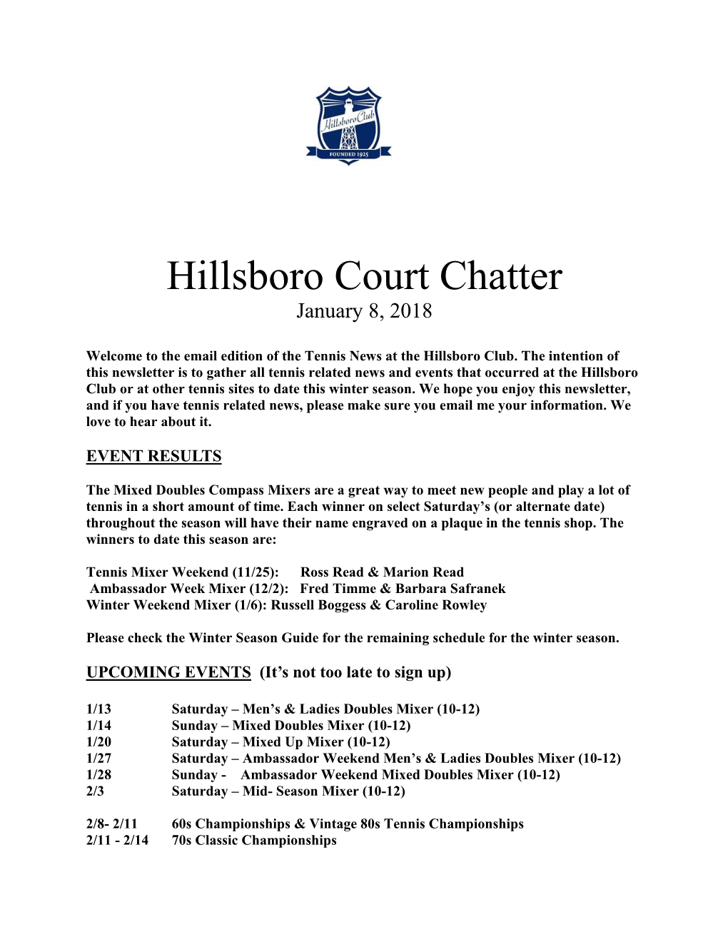 Hillsboro Court Chatter January 8, 2018