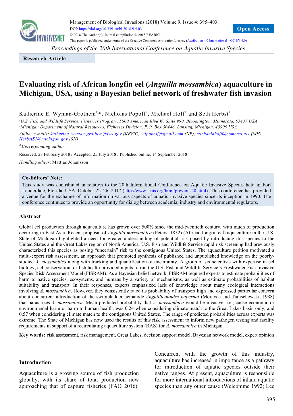 Evaluating Risk of African Longfin Eel (Anguilla Mossambica) Aquaculture in Michigan, USA, Using a Bayesian Belief Network of Freshwater Fish Invasion