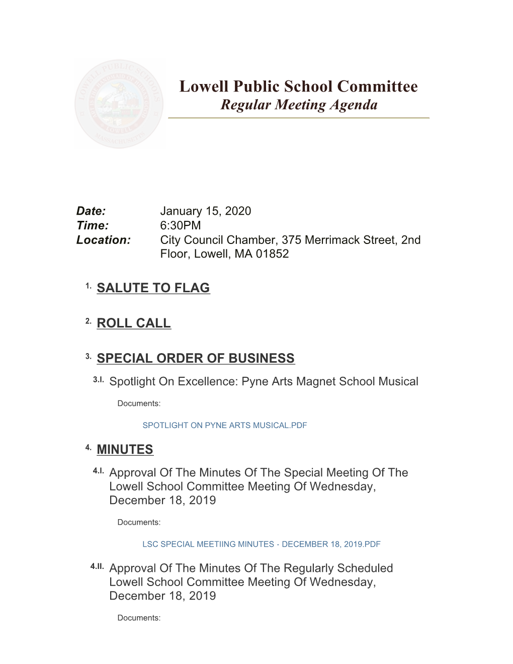 Lowell Public School Committee Regular Meeting Agenda