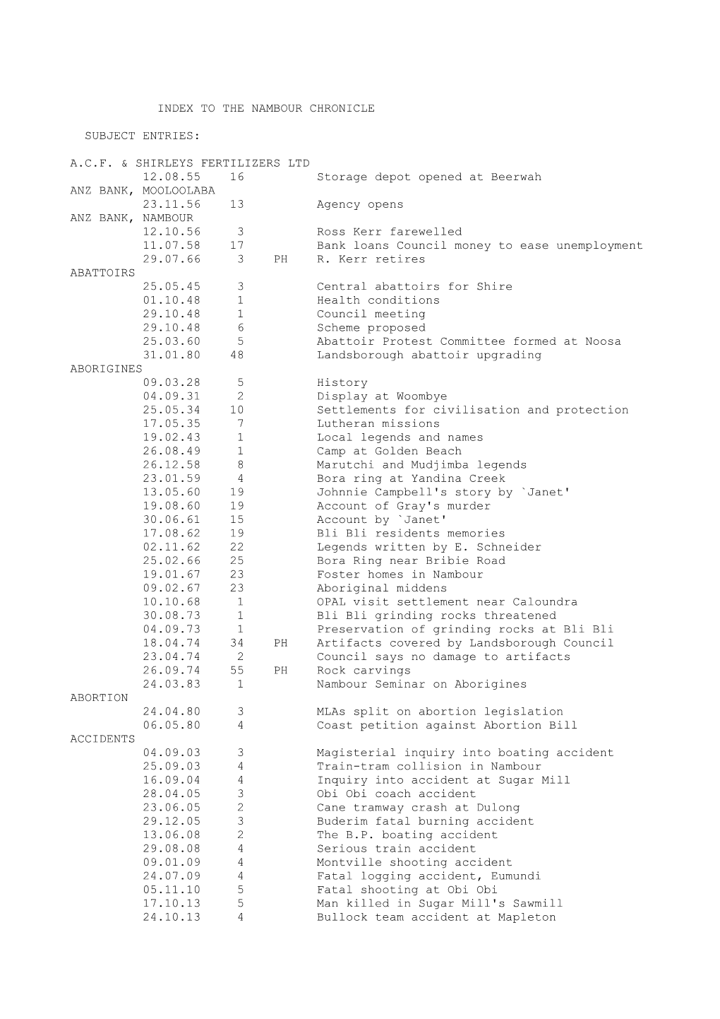 Index to the Nambour Chronicle Subject Entries