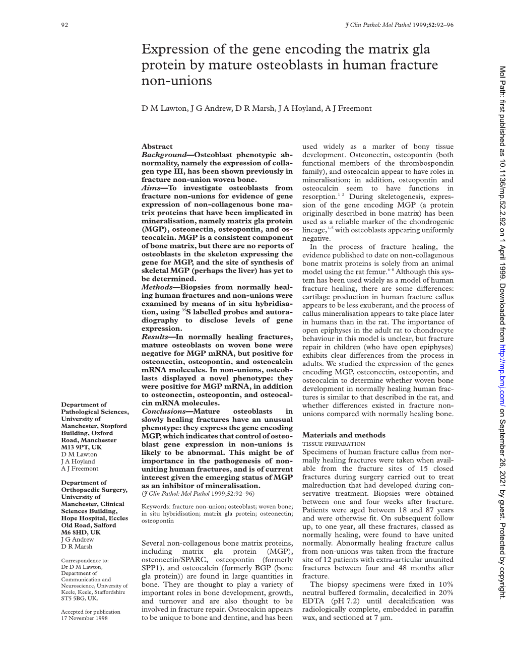 Expression of the Gene Encoding the Matrix Gla Protein by Mature Osteoblasts in Human Fracture Non-Unions