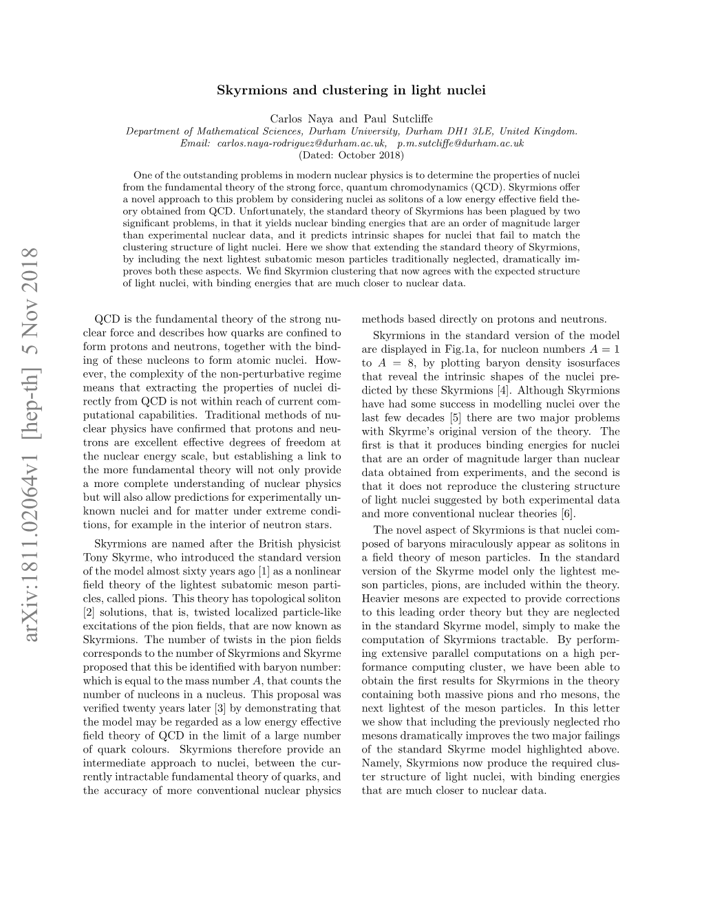 Arxiv:1811.02064V1 [Hep-Th] 5 Nov 2018 Skyrmions