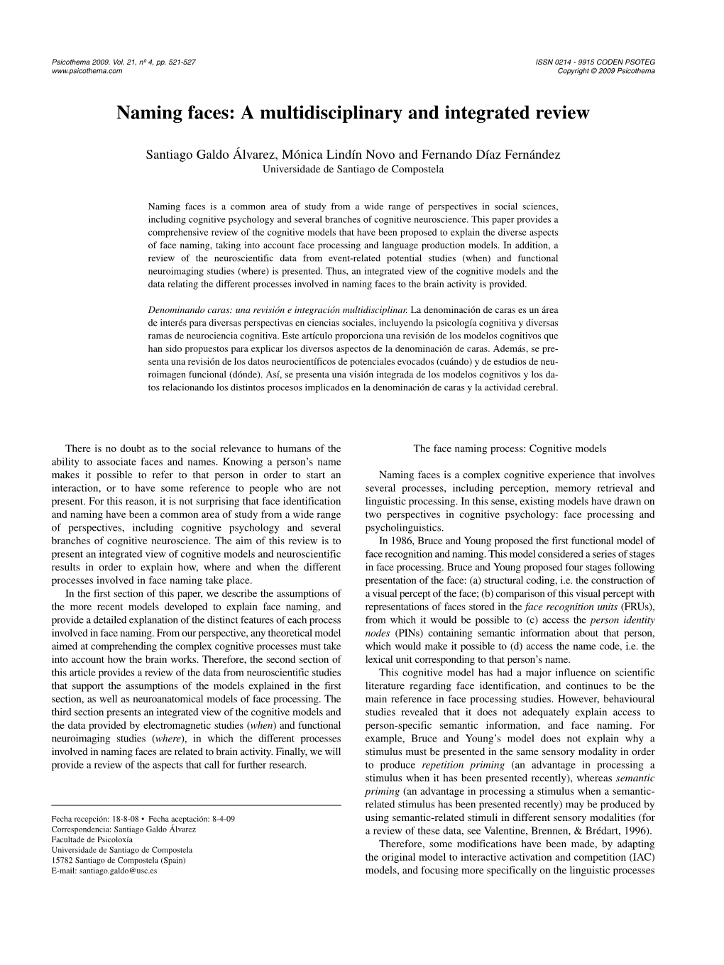 Naming Faces: a Multidisciplinary and Integrated Review