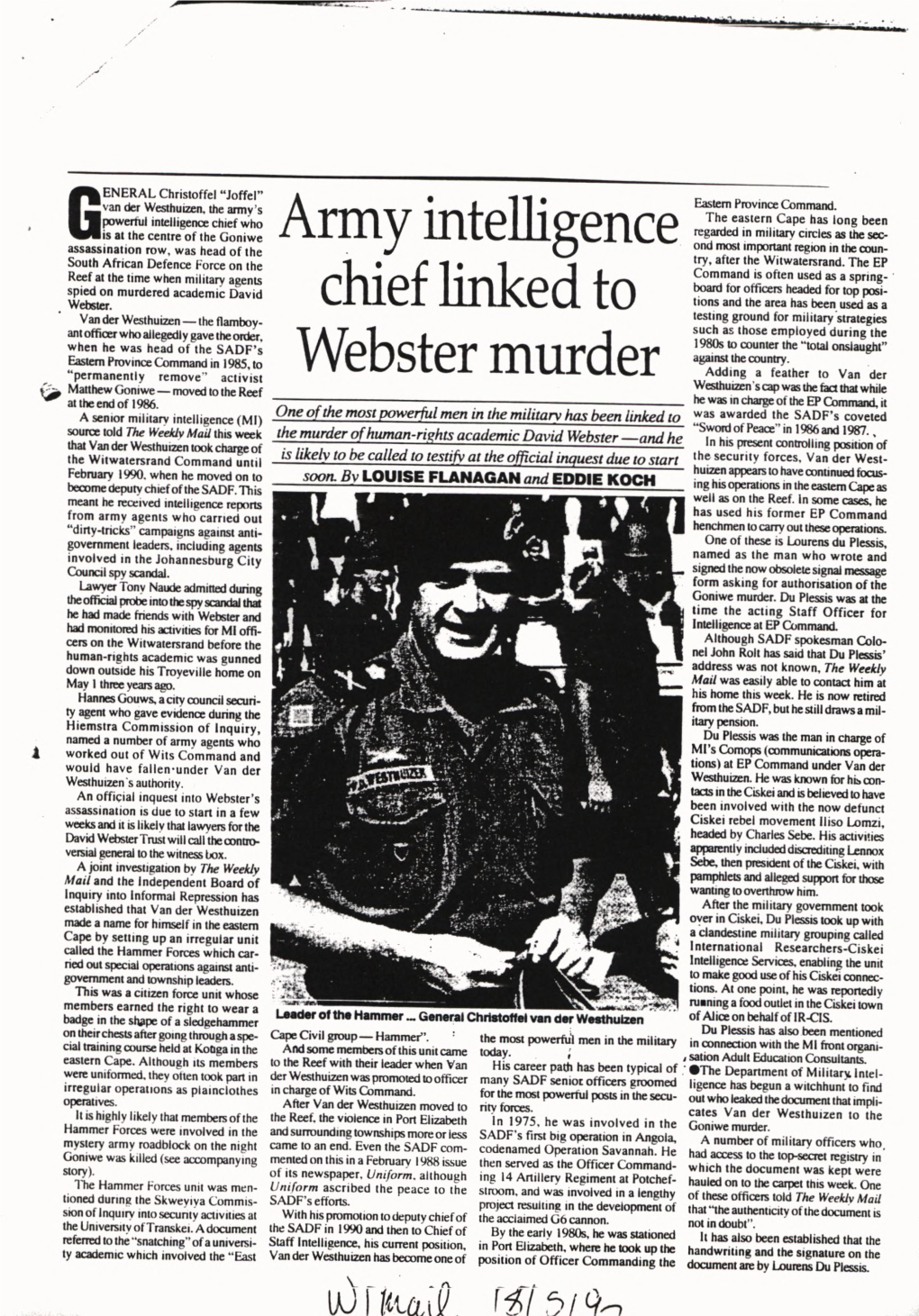 Army Intelligence Chief Linked to Webster Murder