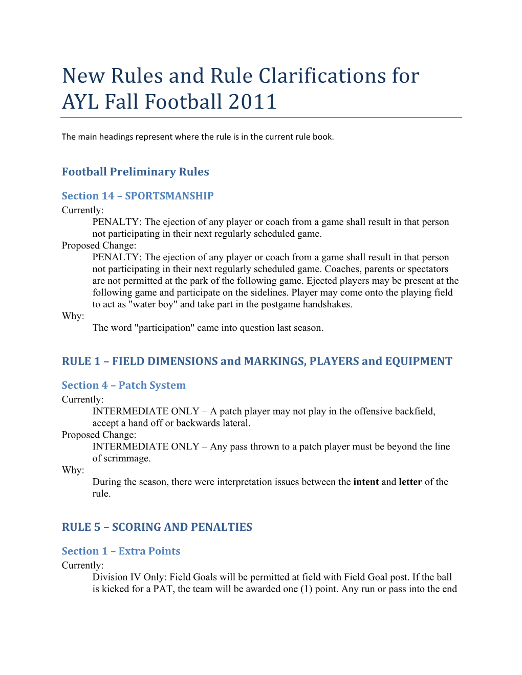 New Rules and Rule Clarifications for AYL Fall Football 2011