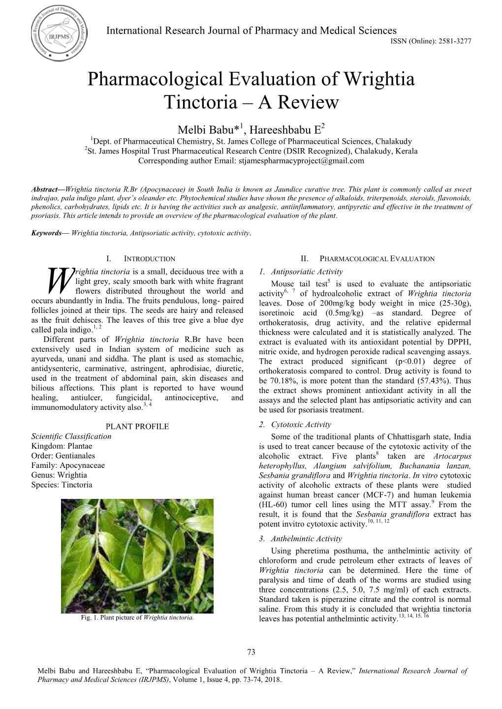 Pharmacological Evaluation of Wrightia Tinctoria – a Review