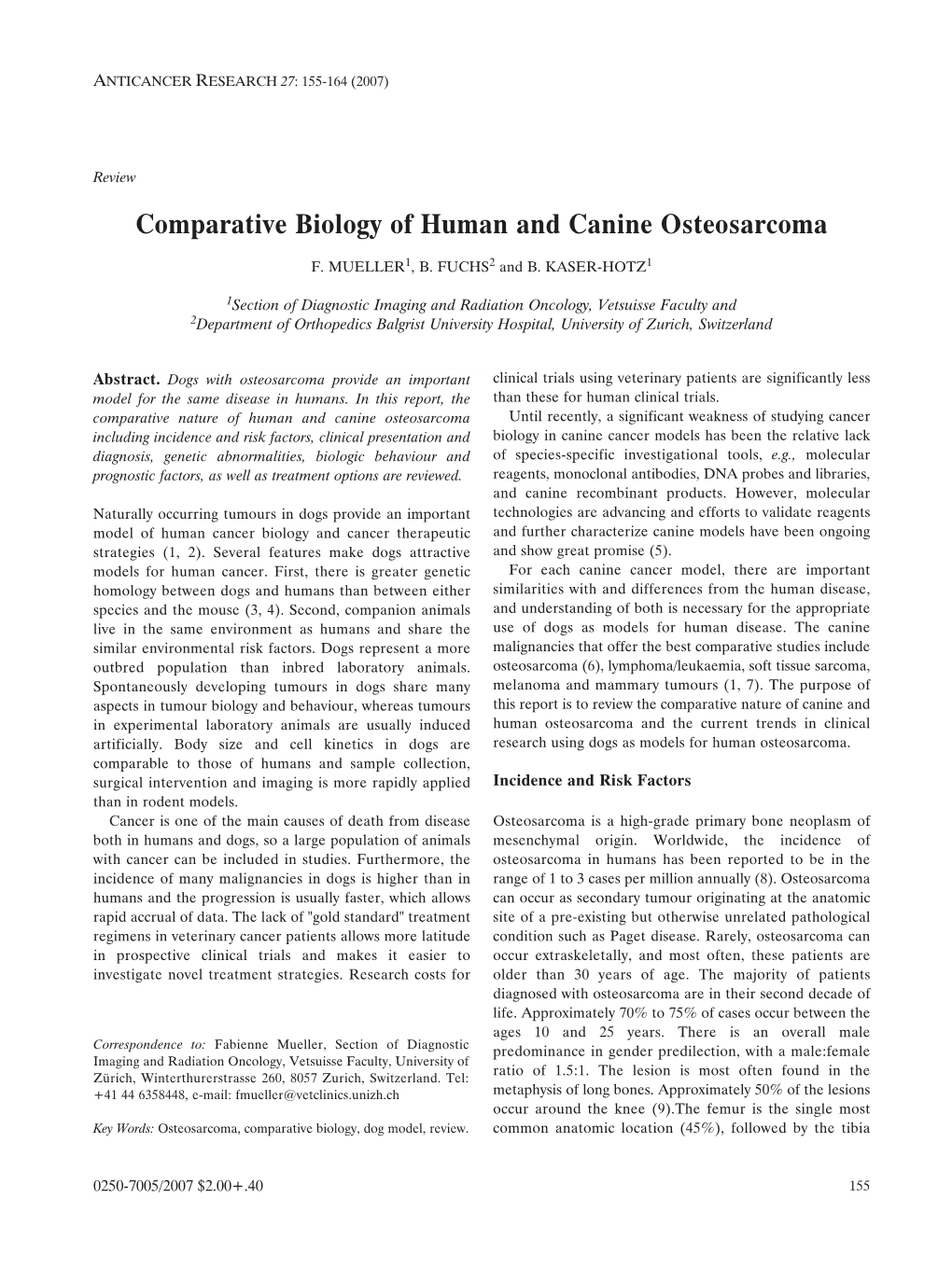 Comparative Biology of Human and Canine Osteosarcoma