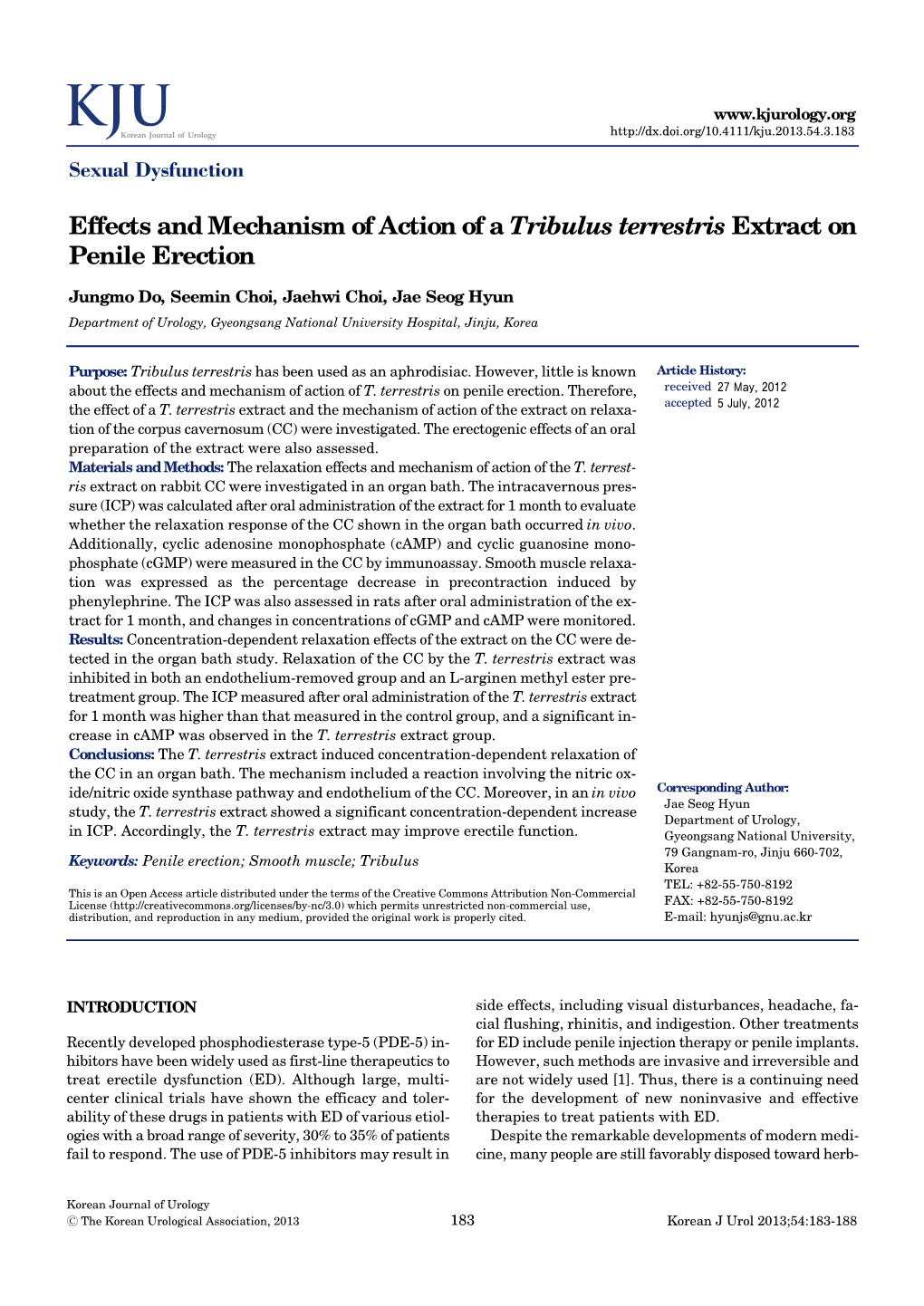 Effects and Mechanism of Action of a Tribulus Terrestris Extract on Penile Erection