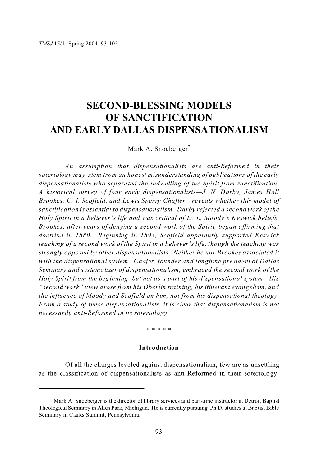 Second Blessing Models of Sanctification and Early Dallas