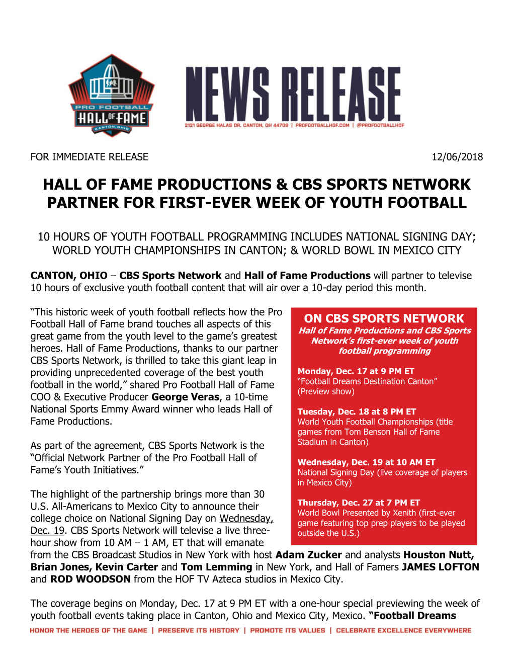 Hall of Fame Productions & Cbs Sports Network Partner for First-Ever Week of Youth Football