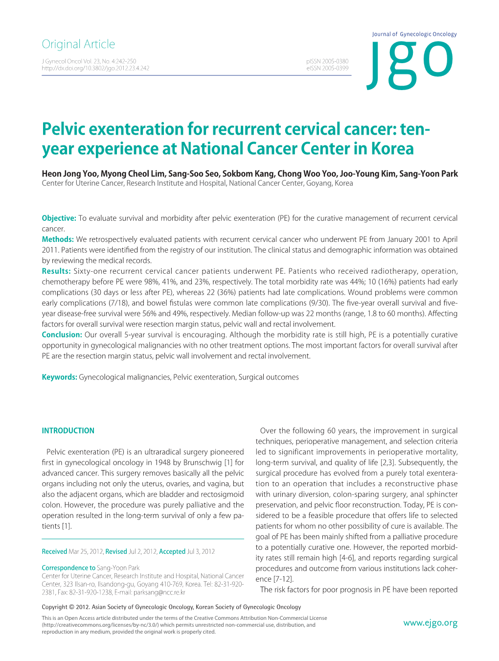 Pelvic Exenteration for Recurrent Cervical Cancer: Ten- Year Experience at National Cancer Center in Korea