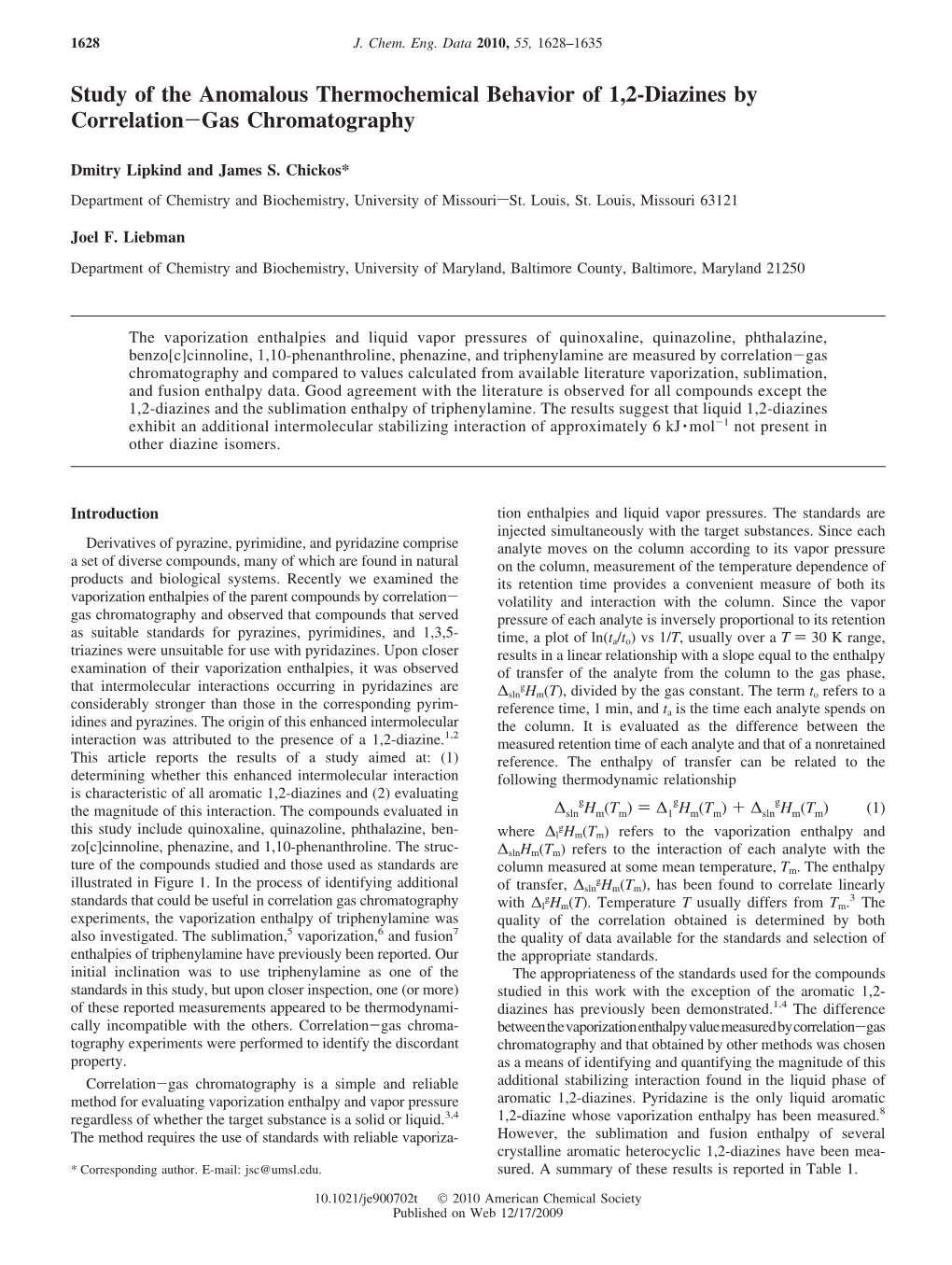 Study of the Anomalous Thermochemical Behavior of 1,2-Diazines by Correlation-Gas Chromatography