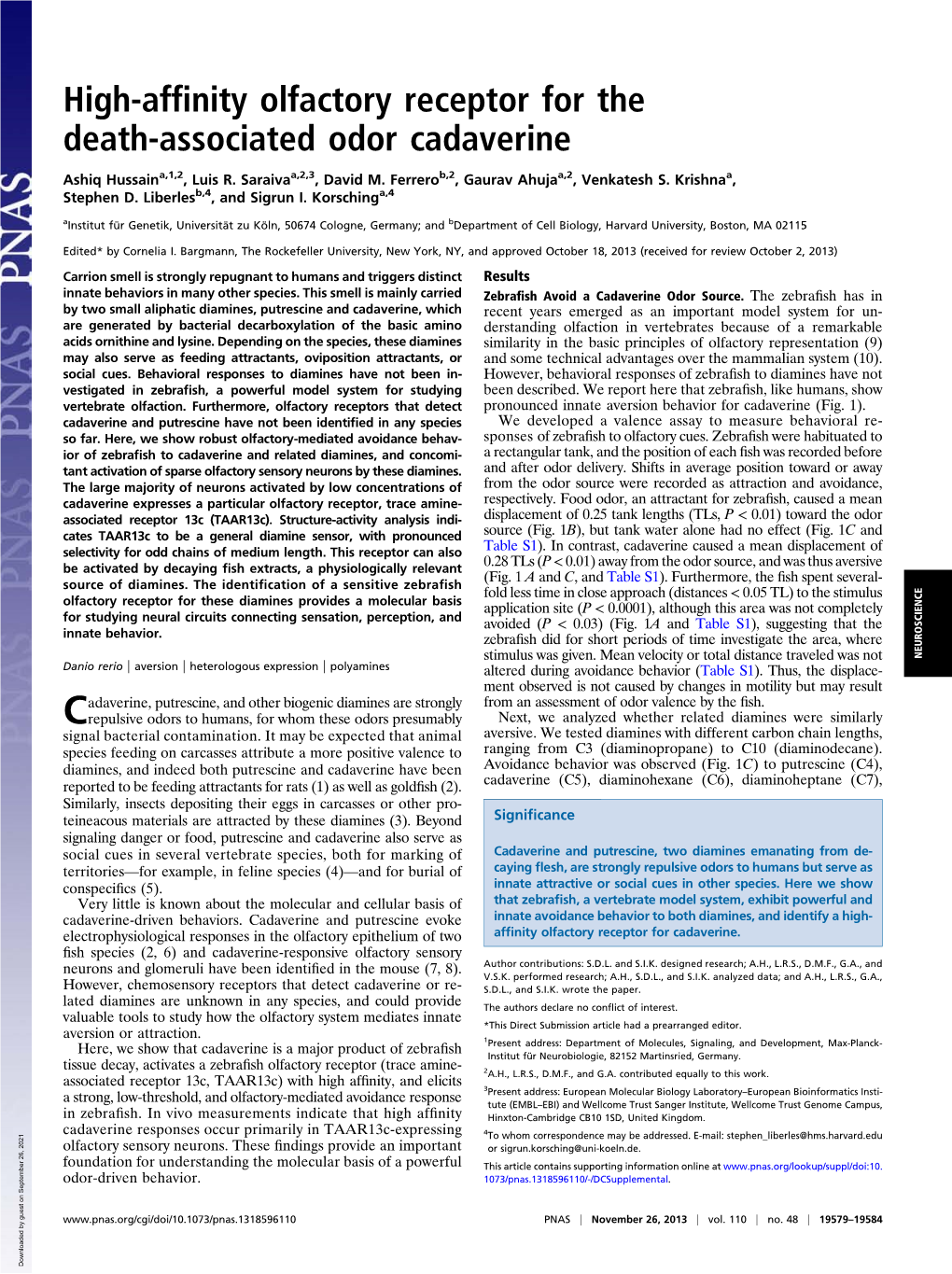 High-Affinity Olfactory Receptor for the Death-Associated Odor Cadaverine